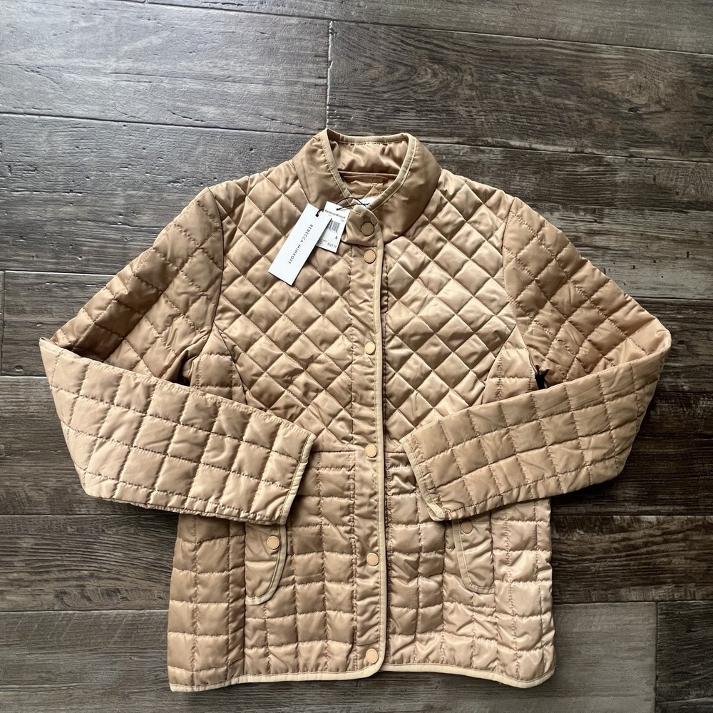 Rebecca Minkoff womens Quilted Puffer‎ Jacket Coat sz Small Tan Collarless $228